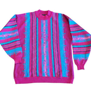80s Vintage Wool Pullover Sweater Mock Neck Bright Colorful Striped Knit Ski